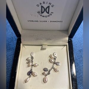 Vintage 925 Silver& Freshwater Pearls w/diamond chips dangling earrings.
